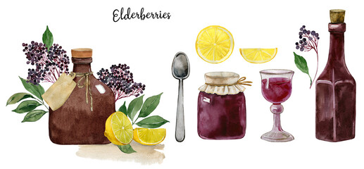 Elderberry syrup, homemade beverage, elderberries jam, healthy drink, alcoholic cocktail, tea, liquor, aperitif. Drink illustration, menu, recipe, cocktail bar, party, nutrients, immune booster