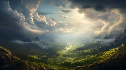 A blazing afternoon sun shining through scattered cumulus clouds, casting dynamic shadows over a wide valley.