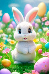 Easter greeting card. Bunny, colourful eggs and flowers, 3d render modern illuatration.