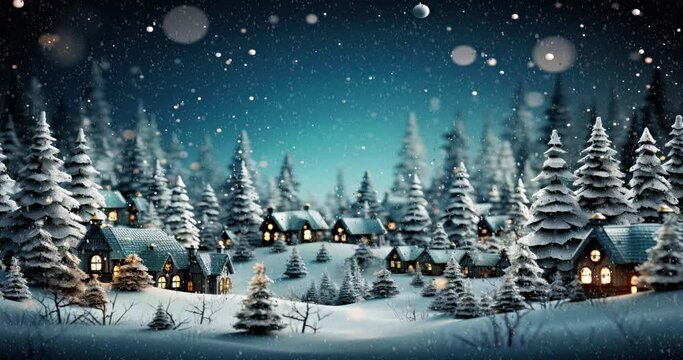 Village et sapin de no&euml;l sous la neige