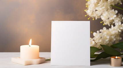 Mockup white blank space card, for greeting, table number, wedding invitation template on wedding table setting background. Generative Ai