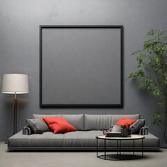 Beige velvet sofa with terra cotta cushions between houseplants. frame mockup in simple modern dark interior background 3d render