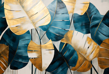 Silhouettes of beautiful plants on canvas.Gold, black, blue and gray colors. Interior painting. Beautiful background. Generative AI.