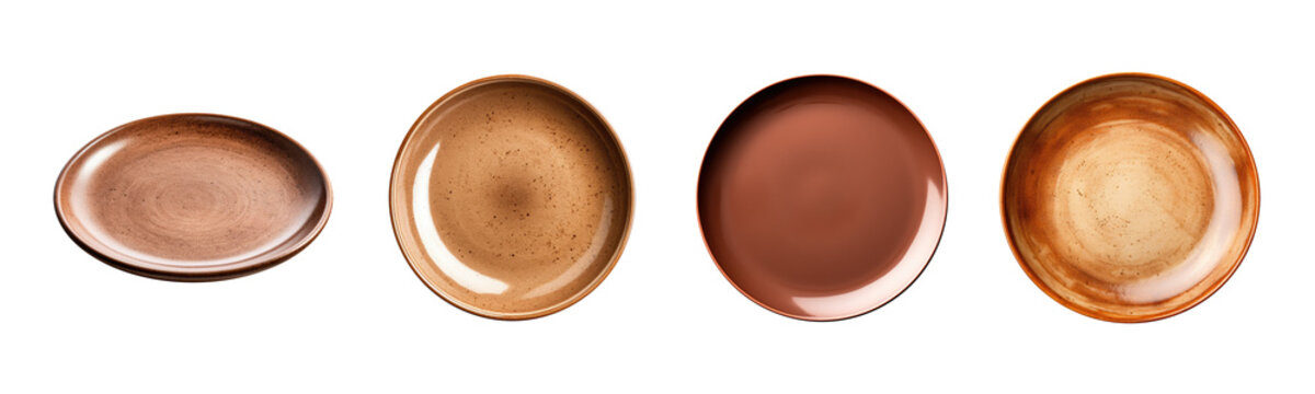 Plate set - brown plate collection - empty clean plate - various perspectives and angles - isolated transparent PNG background - brown dish
