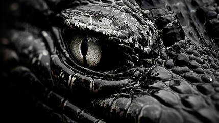 a black & white close shot, eye of an alligator - obrazy, fototapety, plakaty