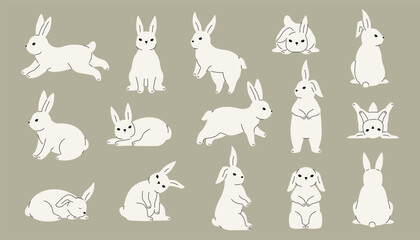 Cute rabbit collection. Doodle hare icons with different expressions, running wild animals in environment. Vector colorful doodle collection
