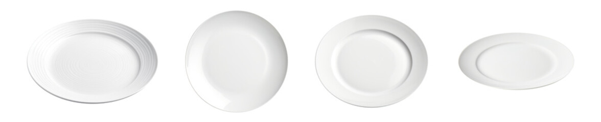 Plate set - white plate collection - empty clean plate - various perspectives and angles - isolated transparent PNG background - white dish