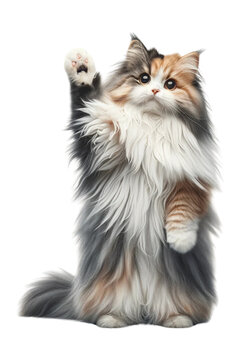 Calico cat standing on hind legs, paw high, isolated