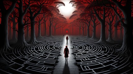 Navigating the maze of emotions: Visualize a winding maze with the journeyer navigating through twists and turns, representing the complexities of love on the road to Valentine's Day