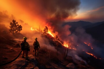 the spirit of teamwork as firefighters collaborate to extinguish a wildfire
 - obrazy, fototapety, plakaty