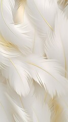 White and delicate background. White feathers with gold. Long white feathers. Generative AI