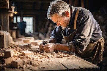 Close-up of a skilled craftsman shaping a piece of wood, traditional woodworking craftsmanship