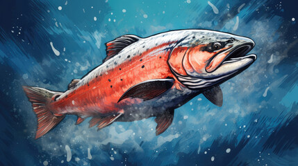 Illustration of a large red salmon or trout fish jumping out of the water on a blue splash background. - obrazy, fototapety, plakaty