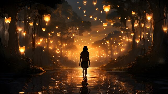 A lantern-lit passage: Depict a traveler walking down a dimly lit path illuminated by lanterns shaped like hearts, symbolizing the warmth and light that love brings