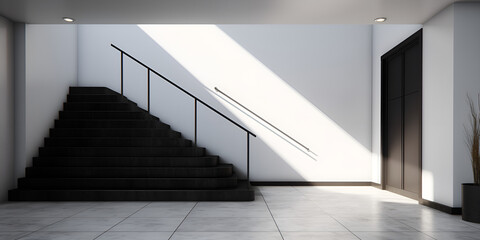 Minimalist entrance hall with illuminated horizontal  white wall background near the front door, stairs with dark, marble 