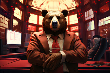 A stressed-looking bear wearing suit like an unsuccessful businessman with a sad face. This means that stock market that is going down is called a bear market. It creates great disaster for investors. - obrazy, fototapety, plakaty