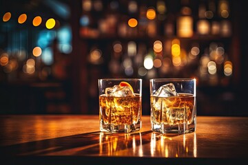 A classic whiskey bar scene with elegant glasses, ice cubes
