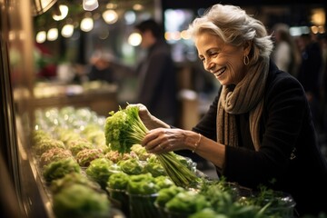 A happy woman at a farmers' market, choosing fresh organic vegetables together for a healthy...