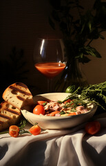 A bowl of greens with tomatoes olives and slices of bread and glass of wine_1__2