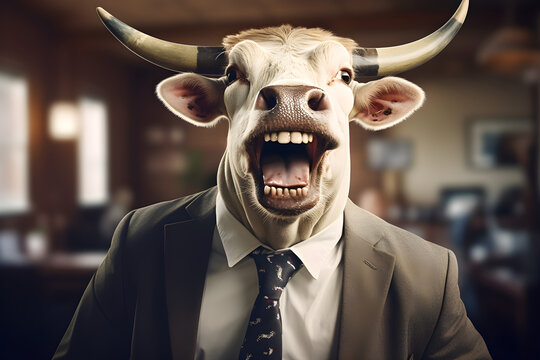 A picture of a cow wearing a suit like a successful businessman with a smiling face. This means that the stock market that is going up is called a bull market. Create enormous wealth for investors.