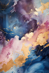 Abstract background with paint splatters in dark indigo, pink, light sky-blue, and dark gold colors.
