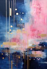 Abstract background with paint splatters in dark indigo, pink, light sky-blue, and dark gold colors.