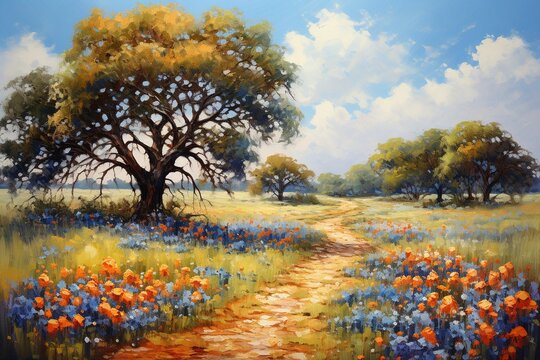 A dirt road through a field of flowers