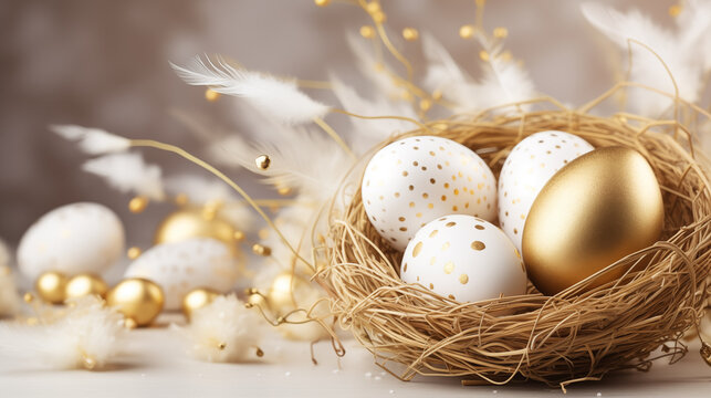 Easter festival background design. Cute golden and white easter eggs with golden pattern in nest on blurred background with blank space for text.