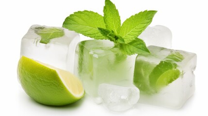 Ice cubes, lime wedge and basil leaves isolated on white background