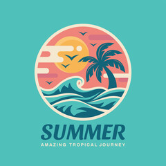Summer tropical journey logo flat graphic design. Blue sea wave paradise vacation decorative badge sign. Creative t-shirt concept emblem. Vector illustration.  - 692642978