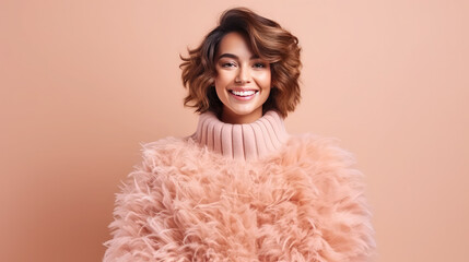 Young attractive woman wearing peach fuzz color fluffy sweater smiling at camera on peach background copy space - obrazy, fototapety, plakaty