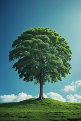 green tree on blue green canvas, signifying life's continuity and natural abundance, eternal foliage