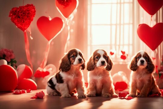 Valentine's day, two cute fluffy puppies in a room with hearts and gifts