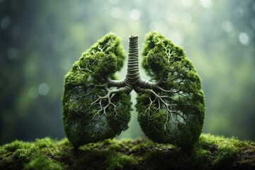close-up reveals human lungs within root and moss environments, representing planet conservation...