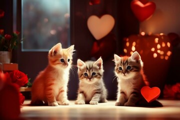 Valentine's Day, three kittens in a room with bright hearts