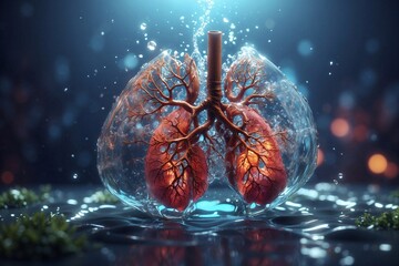 close-up of human lungs in water, underwater background, signifying planet conservation and unity with nature, aquatic vitality