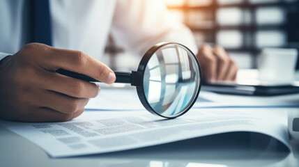 A man examines business documents with a magnifying glass - obrazy, fototapety, plakaty