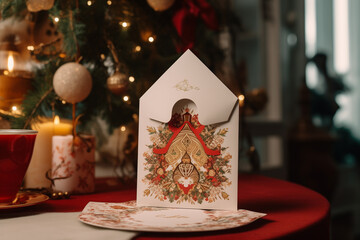Fototapeta na wymiar Craft gift envelope eve festal day at decorated christmas home. Happy New Year!