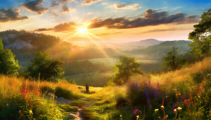 Beautiful summer landscape in the mountains. Sunrise in the mountains.
