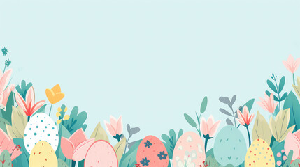 Easter style banner with copy space eggs and flowers cartoon style light blue background