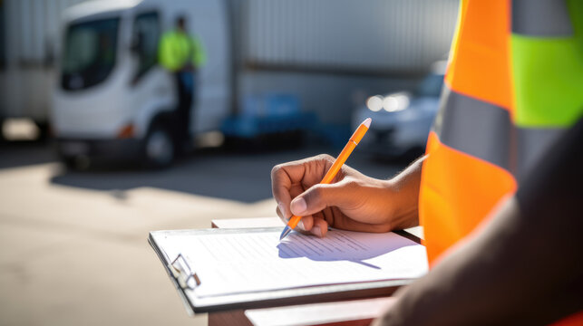 Close-up of a person's hand holding a pen and writing on a clipboard, wearing a safety reflective vest, with a delivery vehicle in the background.