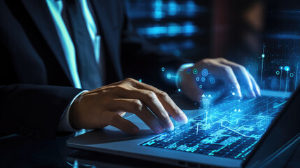 Person in a business suit interacting with a futuristic holographic display that emanates from a laptop, representing high-tech data analysis or virtual interfacing.