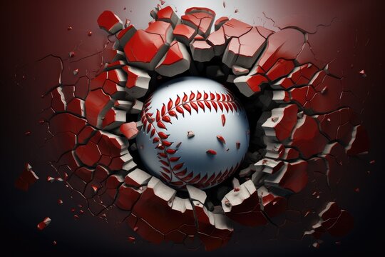 white softball baseball ball breakthrough into the red wall. Team athletic sports