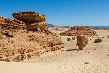 Mushroom rock nor far from White Canyon in Sinai desert. Sinai Peninsula, Egypt. Geological...