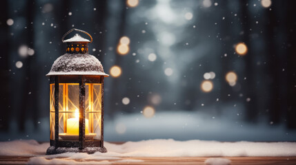 Glowing Lantern Amidst Snowflakes