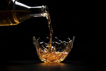 Olive oil pours out of a bottle on a black background - Powered by Adobe