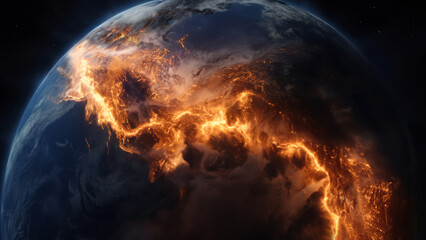 Planet Earth on fire, view from space. Apocalypse.
