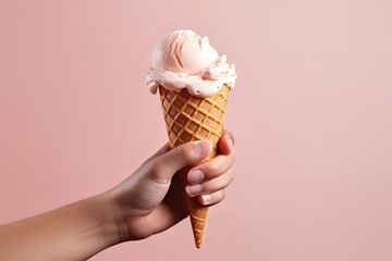 Female hand holding an ice cream cone on peach background