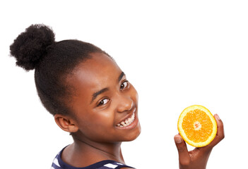 Offer, health and portrait of girl and orange in studio for nutrition, wellness and diet. Food,...