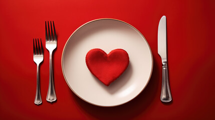 Red heart on a white plate with a fork and knife on the side, set against a vibrant red background, symbolizing a romantic dining concept.